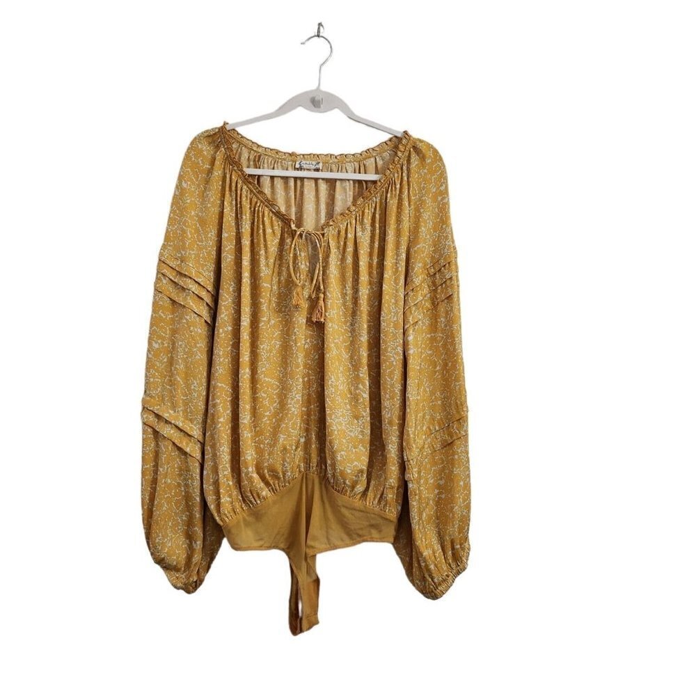 Free People Intimately Bodysuit‎ Top Large Yellow All Tucks Blousy Puff Sleeve
